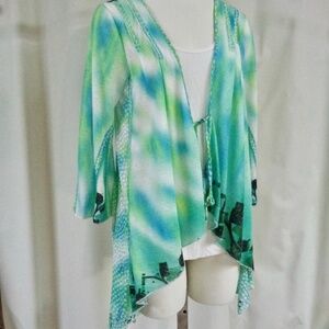 ANIA.A. TURQUOISE WATERCOLOR PRINT 3/4 SLEEVE TIE FRONT LIGHT WEIGHT JACKET S